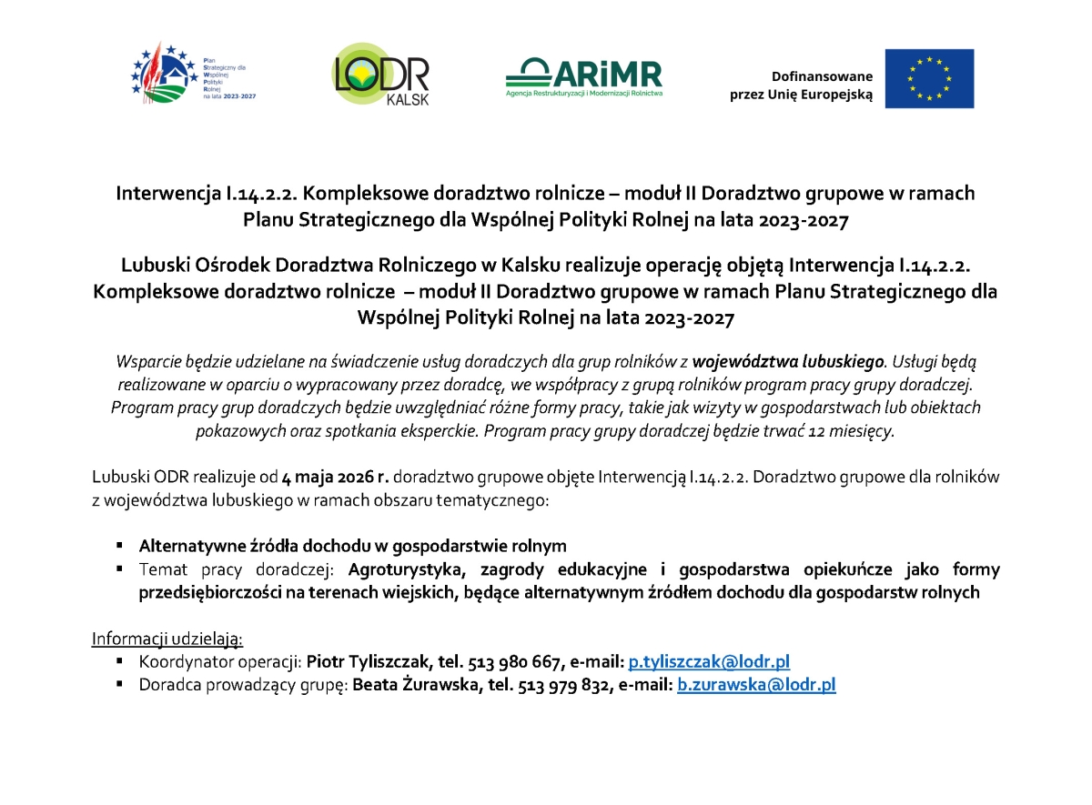 Interwencja Planu Strategicznego Doradztwo grupowe (I.14.2.2.) Alternatywne źródła dochodu w gospodarstwie rolnym