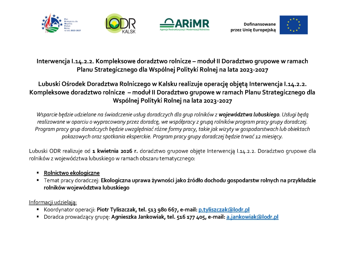 Interwencja Planu Strategicznego Doradztwo grupowe (I.14.2.2.) Rolnictwo ekologiczne