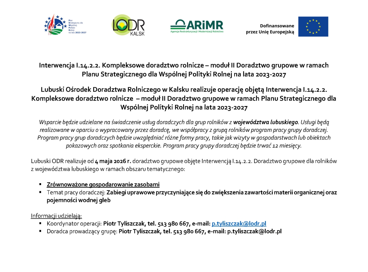 Interwencja Planu Strategicznego Doradztwo grupowe (I.14.2.2.) Zrównoważone gospodarowanie zasobami