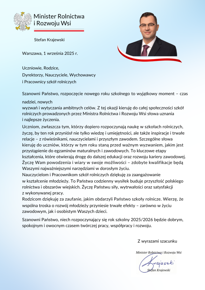 List Ministra Rolnictwa i Rozwoju Wsi - Stefana Krajewskiego z okazji rozpoczęcia roku szkolnego