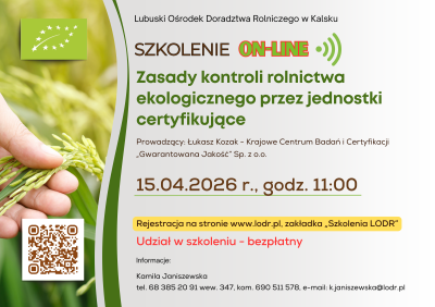 Szkolenie ON-LINE Zasady kontroli rolnictwa  ekologicznego przez jednostki certyfikujące