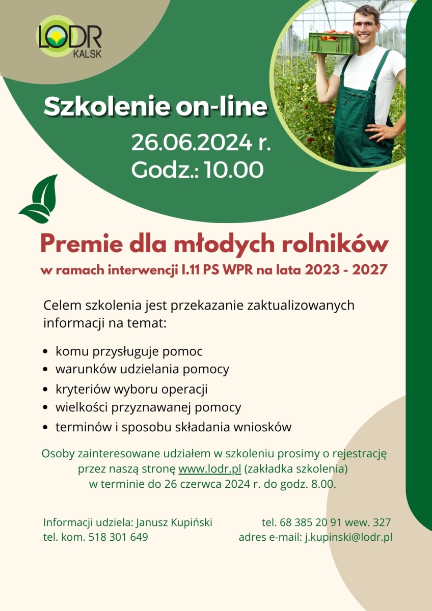 Szkolenie - „Premie dla młodych rolników” w ramach interwencji I.11 PS WPR na lata 2023-2027