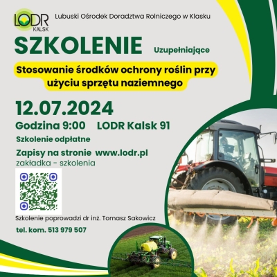 Szkolenie Stosowanie środków ochrony roślin przy użyciu sprzętu naziemnego przeznaczonego do stosowania tych środków, z wyłączeniem sprzętu montowanego na pojazdach szynowych oraz innego sprzętu stosowanego w kolejnictwie
