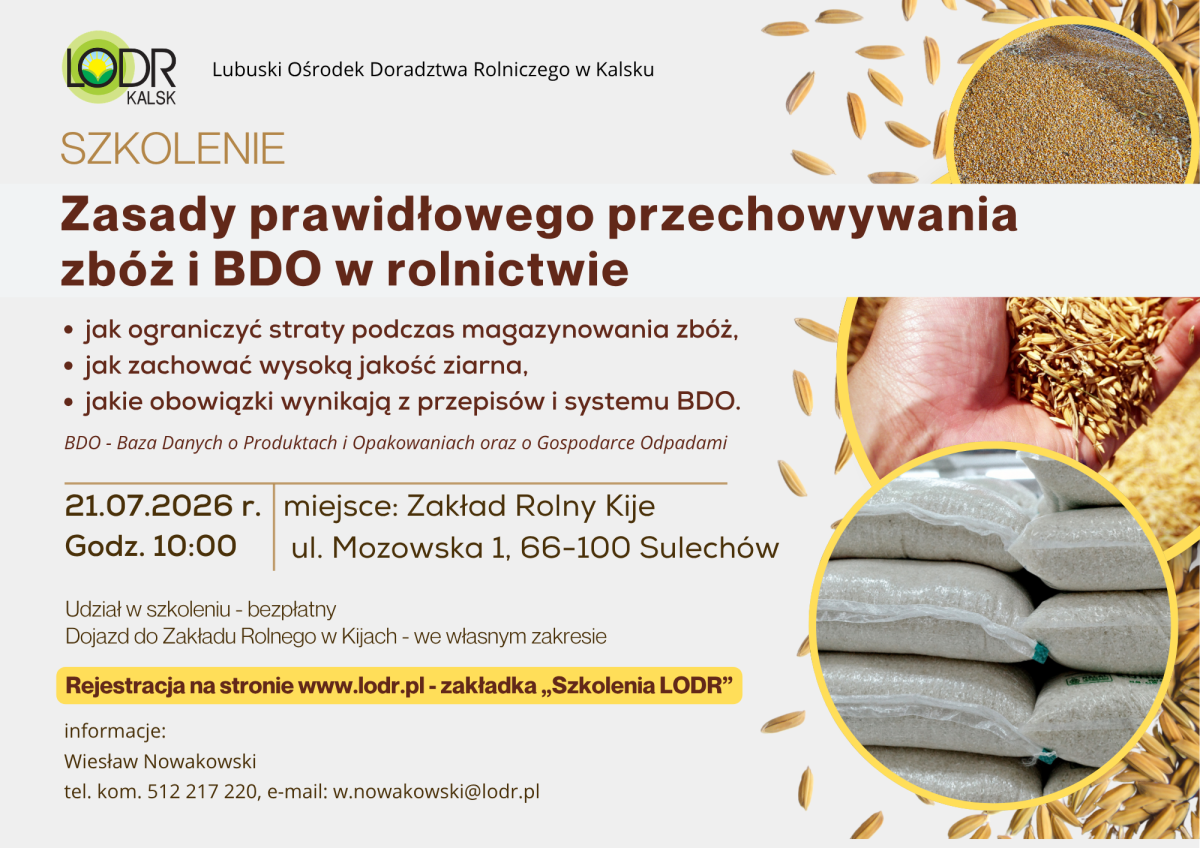 Szkolenie - Zasady prawidłowego przechowywania zbóż i BDO w rolnictwie