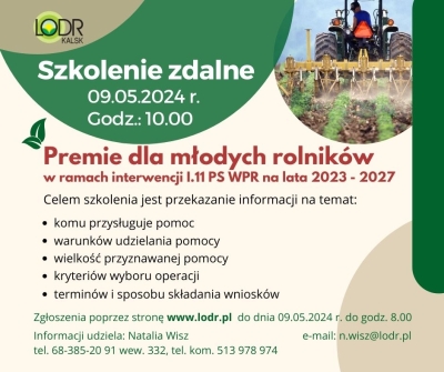 Szkolenie zdalne pt.: „Premie dla młodych rolników” w ramach interwencji I.11 PS WPR na lata 2023-2027,