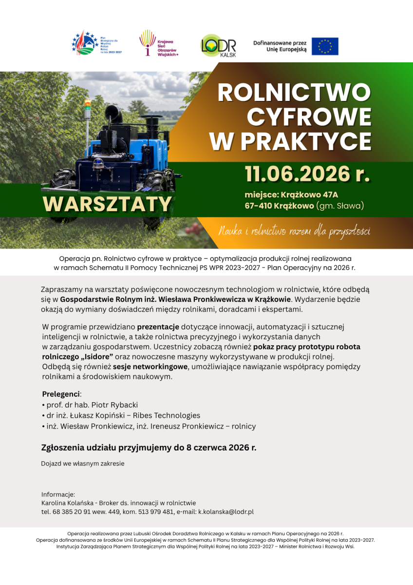 Warsztaty - Rolnictwo cyfrowe w praktyce - optymalizacja produkcji rolnej - 11.06.2026 r.
