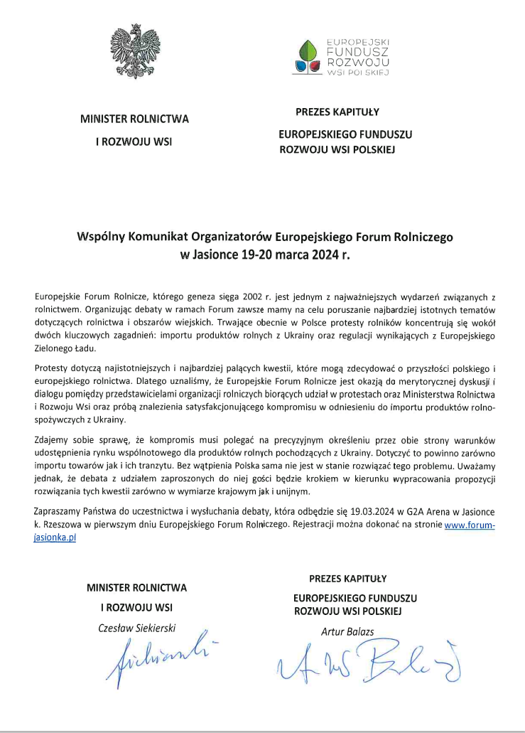 Wspólny komunikat organizatorów Europejskiego Forum Rolniczego w Jasionce