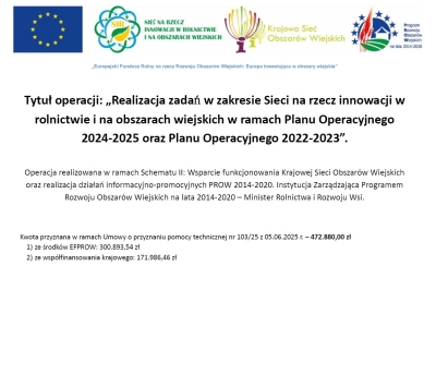 OGŁOSZENIE O REALIZACJI OPERACJI W RAMACH UMOWY O PRZYZNANU POMOCY TECHNICZNEJ Nr 103/25 z dnia 5 czerwca 2025 r.